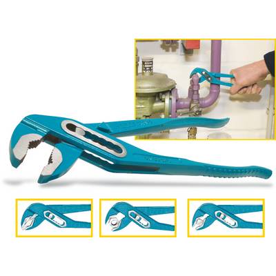 A blue pipe wrench is used to turn a pipe valve. Additional pictures show different views of the wrench.