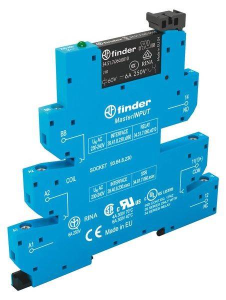 Finder 39.41.0.012.5060 - MasterINPUT Electromechanical Relay Interface Module, EMR, N/A 250V AC 6A-0