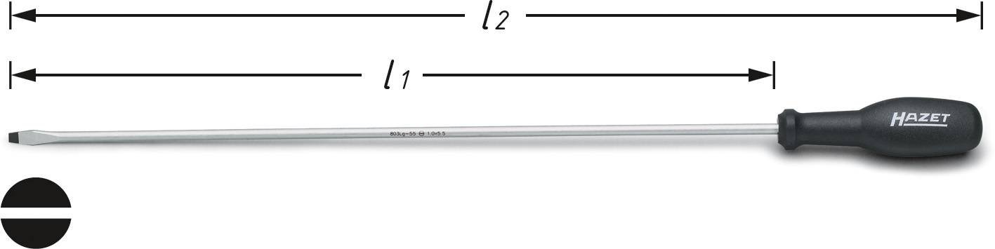 Screwdriver by Hazet with long shaft and black handle. Length l1 and l2 are specified, suitable for slotted head screws.