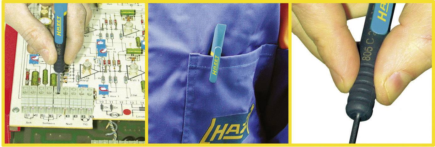 Three pictures show the use of a blue tool: it is being used in a circuit, is stored in a pouch, and is being turned.