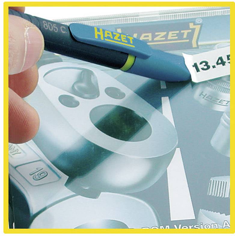 A hand holds a blue 'Hazet' pen over a Hazet tools packaging with a price tag displaying '13.45'.