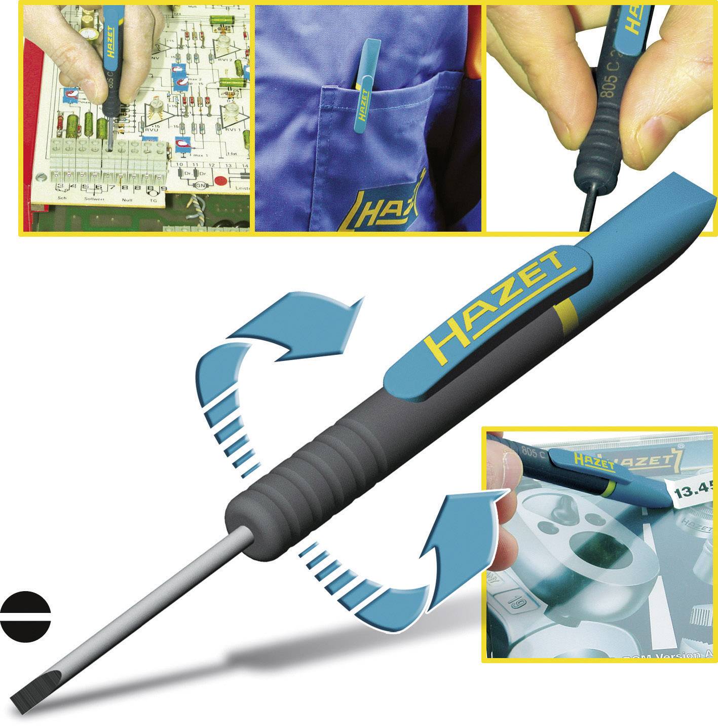 Hazet screwdriver shown in various applications, including on a circuit board and in a trouser pocket.