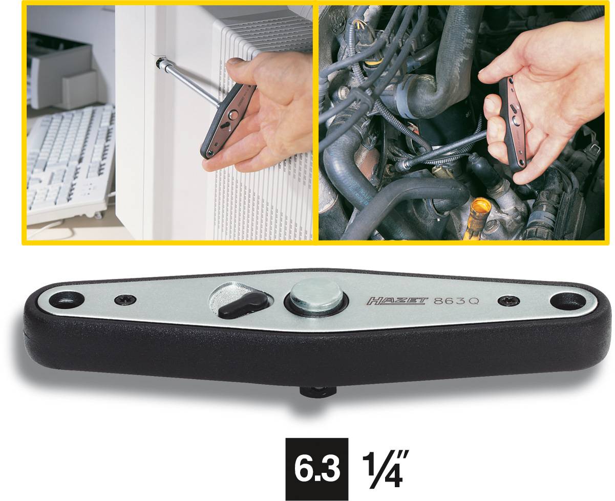 Tool in Action: Top left showing insertion into a computer, top right tightening a screw in a car. Bottom, the tool itself.