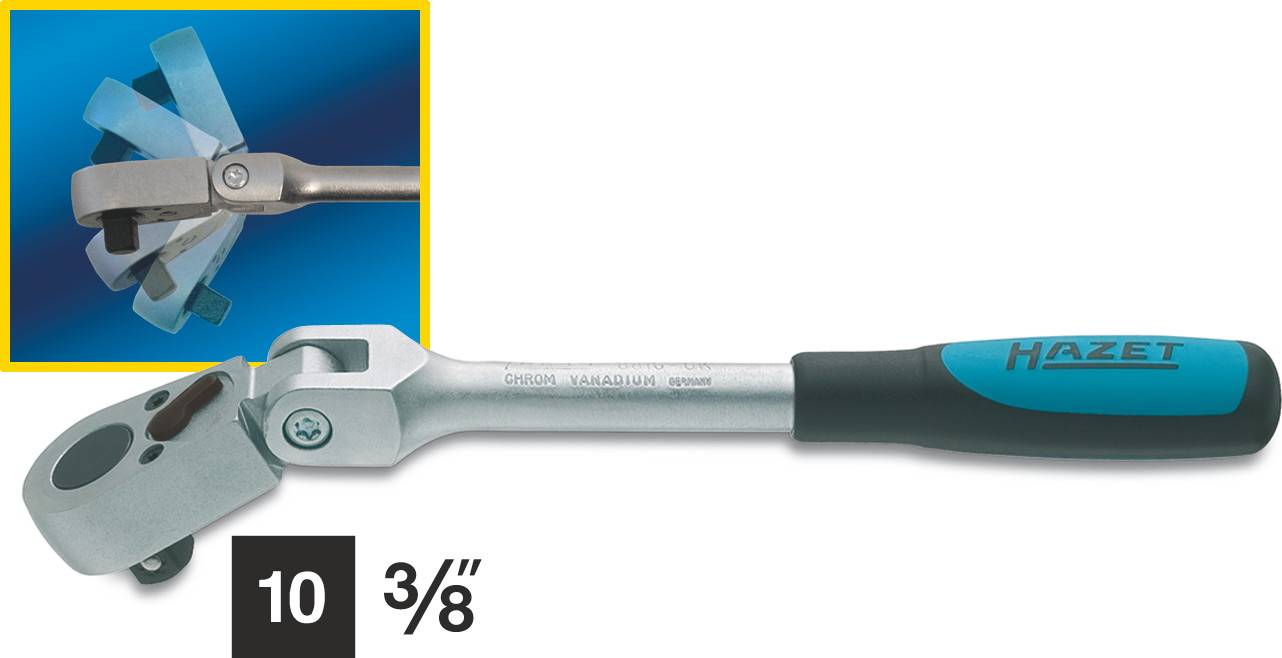 'Ratchet' by HAZET with ergonomic handle and swivel head. Compact size of 10 3/8 inches. Detailed view of the drive mechanism.