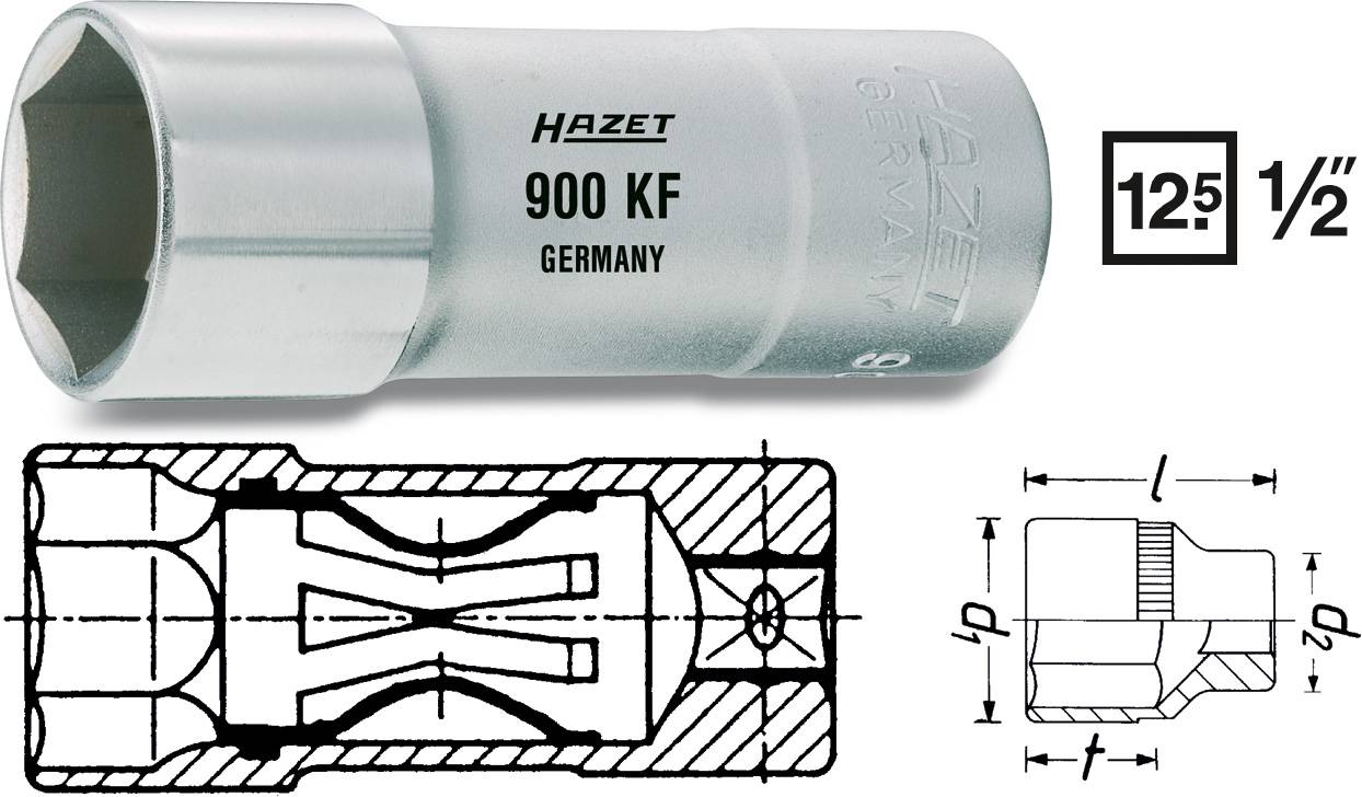 Hazet socket wrench 900 KF, 1/2 inch, with technical drawing, showing internal view and dimensions of the tool.