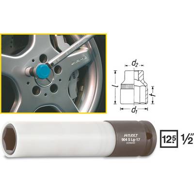 'Nuss Hazet 904 S Lg-17' turns wheel bolt on car tyre. Technical drawing on the right with size details. Quote: '12.5 1/2'.