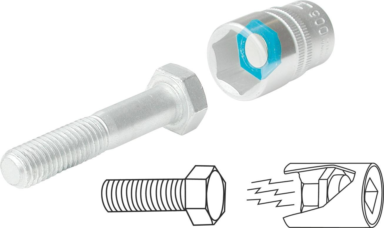 Silver bolt and hex key illustrated with drawings showing the application and mechanics of the connection.