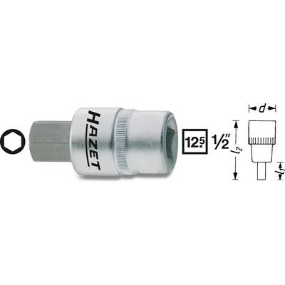 A HAZET socket insert with 12.5 mm (1/2 inch) drive, side view with technical drawing, showing hexagonal profile.