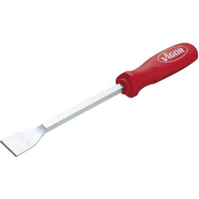 A red hand tool, a flat chisel, with a red handle bearing the inscription 'VIGOR'. Used for removing or cutting away materials.