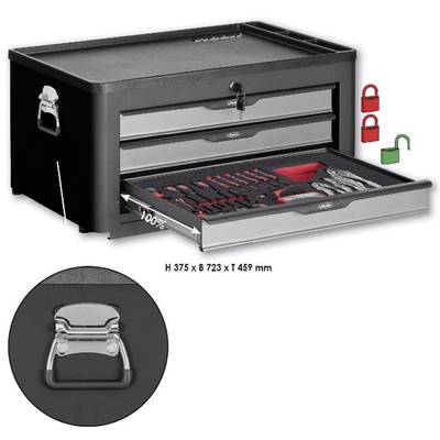 Black toolbox with two drawers, one open with tools. External handle and dimensions: H 375 x W 723 x D 459 mm.