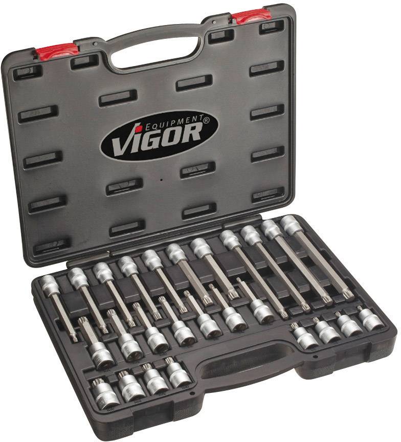 Black plastic case with silver socket nuts in various sizes, well organised and from the brand 'Vigor'.