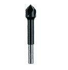 A black drill bit with a pointed tip and silver shaft, suitable for metal or wood drilling.