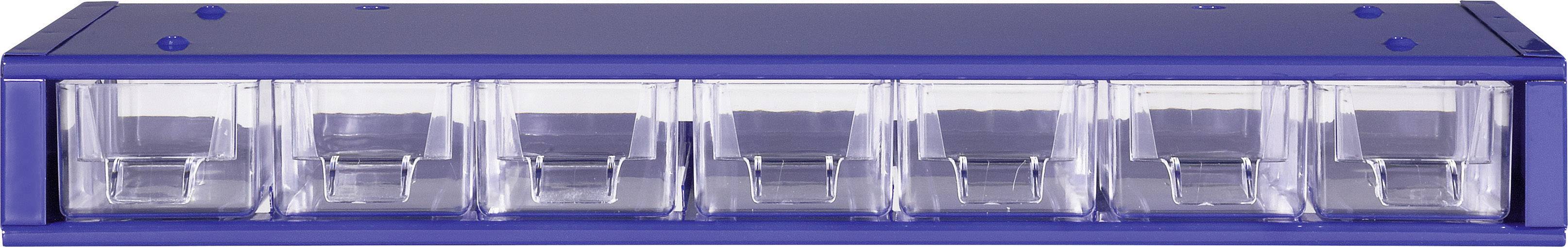 A transparent, blue medication organiser with seven compartments, suitable for one week.