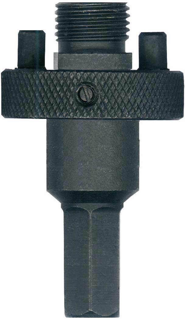 Drill chuck key adapter, metal, cylindrical shape with knurled ring and thread on top, used for securing drill chuck keys.
