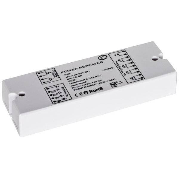 A white power repeater with technical specifications on the top surface, including input and output voltage and temperature range.