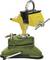 A yellow-green swivel bench vice mounted on a circular base, designed for precise positioning and securing of workpieces.