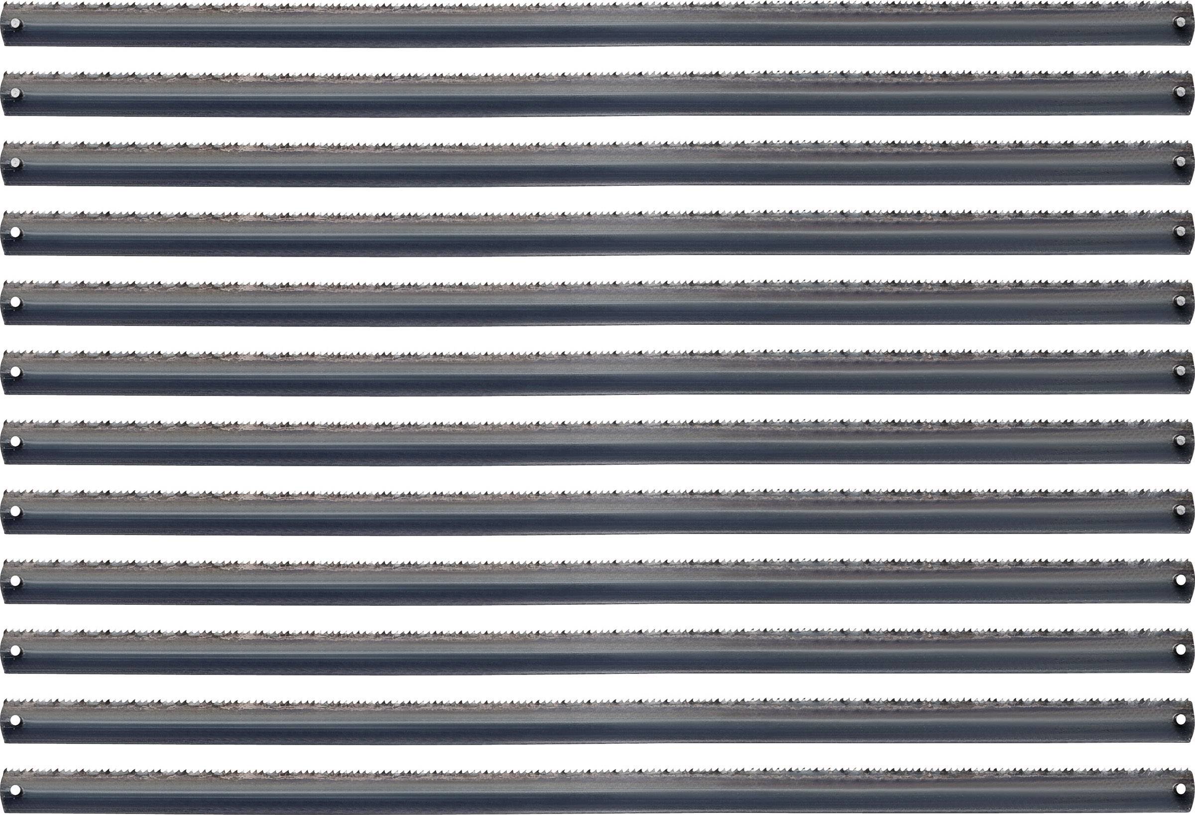 Twelve metal strips arranged in parallel, with serrated edges, possibly saw blades, against a light background.