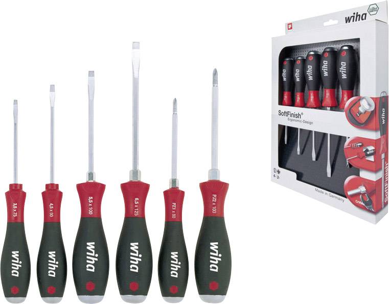 Six screwdrivers with red handles, various tips; packaging on the right shows set in close-up.