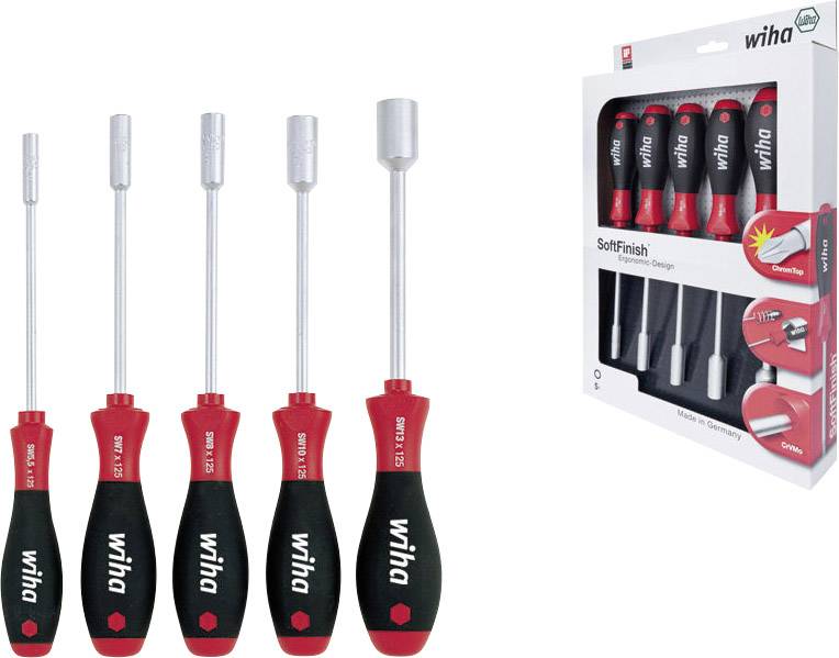 A set of five screwdrivers with red and black handles, in packaging marked 'SoftFinish', suitable for hexagonal screws.