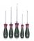 Five screwdrivers in various sizes and blade types with black and red handles, arranged upright side by side.