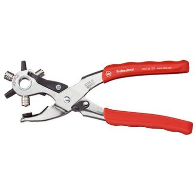 A red revolving hole punch with a metallic head, offering a selection of different hole sizes. Suitable for leather, fabric, or paper.