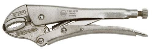 Adjustable metal grip pliers with a curved handle. Screw and spring mechanism for size adjustment.