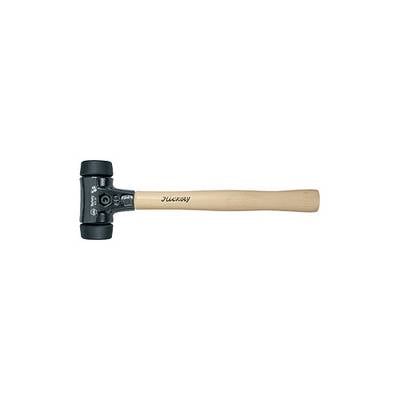 A rubber mallet with a wooden handle and black head, suitable for delicate work and shock absorption.