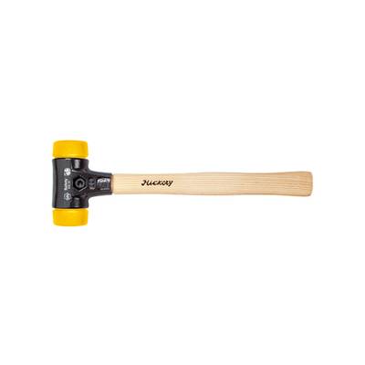 Wooden hammer with a black metal head and yellow plastic ends. The handle is inscribed with 'Muccky'.