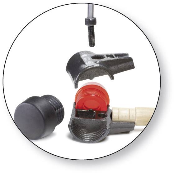Mounting procedure for a plastic cap and screw system, demonstrating secure attachment to a wooden handle.