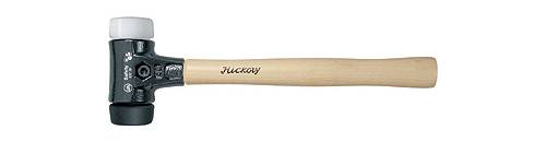 Rubber mallet with white and black head, wooden handle, lying sideways, brand name 'MACKAY' on the handle.