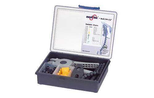 An open toolbox contains various screws and parts organised in compartments, with a closed lid.