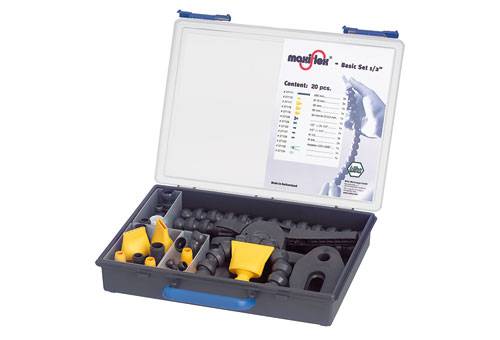 'MaxiFlex' tool set in an open case with 20 pieces, colour-coded. A contents list is depicted on the lid.