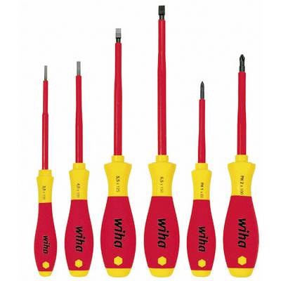 Six screwdrivers with red handles and various blade types and sizes, arranged from small to large. Brand name 'Wiha' on handles.