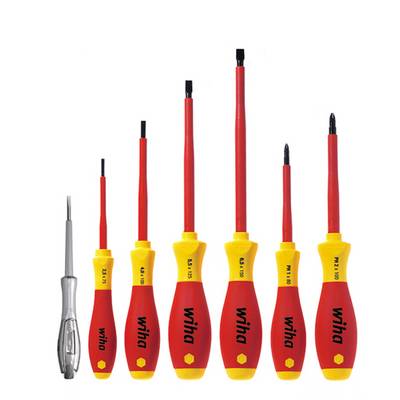 Six different screwdrivers with red handles and yellow holders, including a voltage tester, arranged in a row.