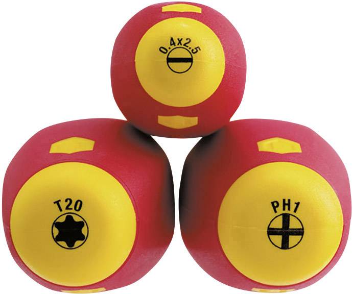 Three screwdrivers with red and yellow handles, marked with '0.4x2.5', 'T20' and 'PH1', are arranged in a pyramid formation.