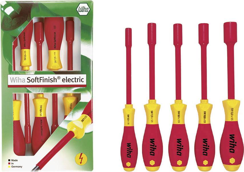 Set of red and yellow screwdrivers, insulated for electricians. Packaging shows four screwdrivers and emphasises safety and comfort.