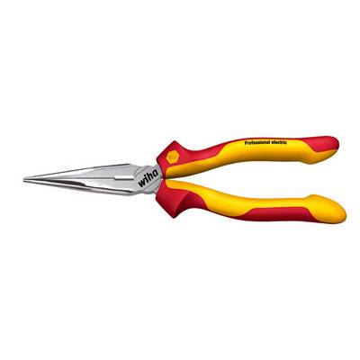 Long pointed pliers with red and yellow handles, labelled as 'Professional electric' and with the brand 'Wiha'. Suitable for electricians.