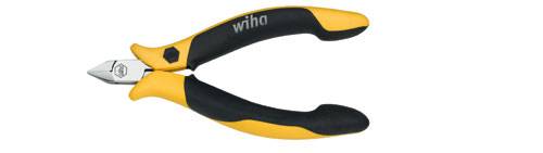 Yellow and black side cutters by Wiha with an ergonomic handle, suitable for precise wire cutting in electronics and electrical engineering.