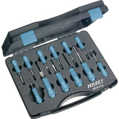 Open toolbox with 12 blue screwdrivers in various sizes. Brand name 'Hazet' visible on the handles.