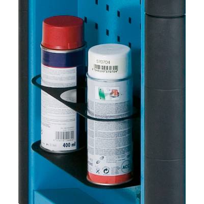 Two spray paint cans are standing on a blue shelf. The can on the left has a red lid, the one on the right has a white lid.