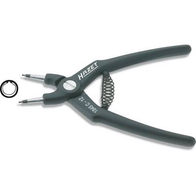 Circlip pliers with curved tips for opening and closing safety rings. Spring mechanism for ease of use. Marked with 'Hazet'.