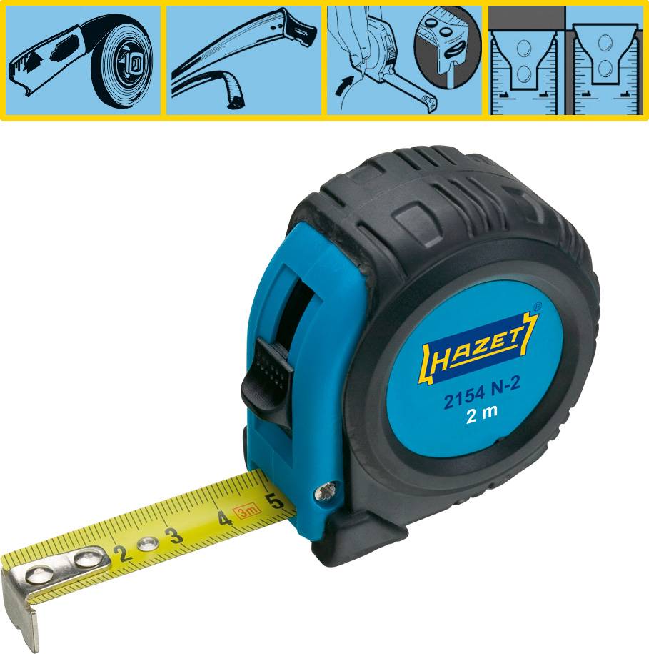 A handy tape measure by Hazet, extendable up to 2 metres, against a background with various tool illustrations.