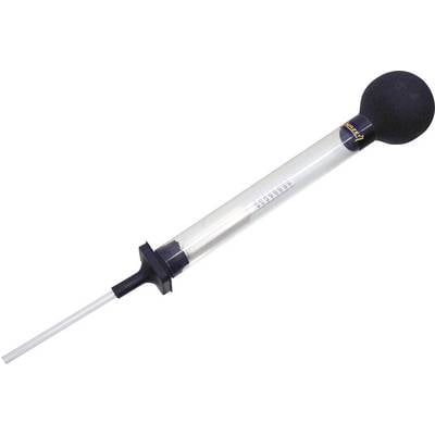 A clear turkey baster with a black bulb and transparent tube, used for moistening roasts or other dishes.