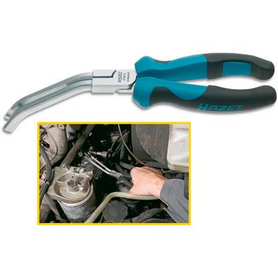 Top: Blue pliers with a black handle by Hazet. Bottom: A hand using the pliers to remove a line in an engine compartment.