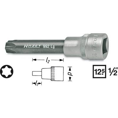 'HAZET 992 Lg Torx socket wrench, showing size lengths l2 and P. Contains HAZET logo and symbols for 12.5 mm (1/2") drive.'