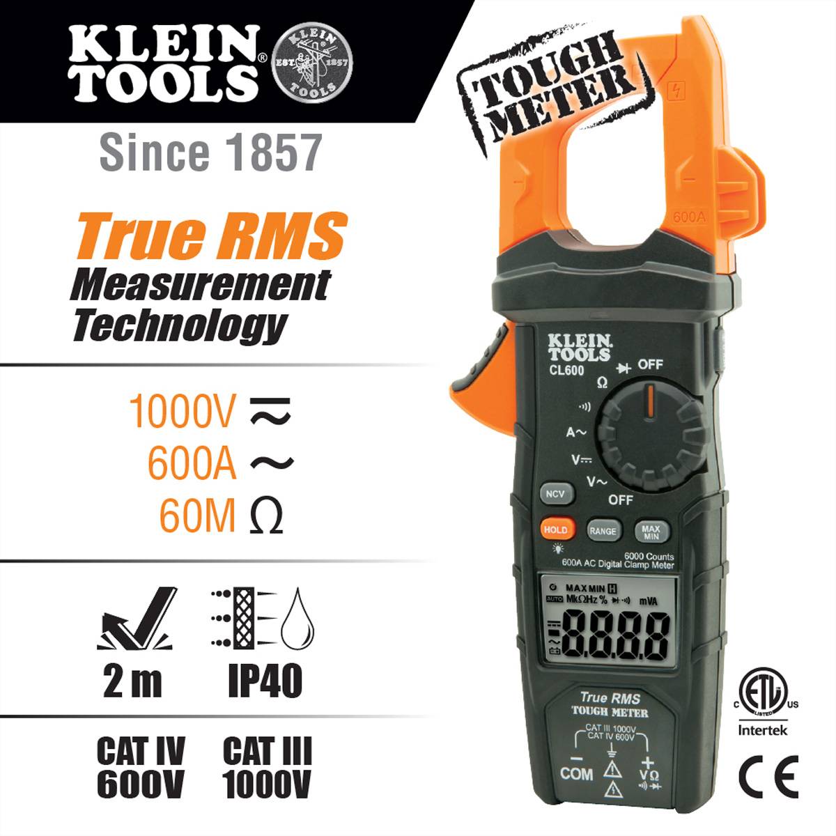 Klein Tools CL600 Handheld multimeter Digital CAT III 1000 V, CAT IV 600 V Display (counts): 6000-1