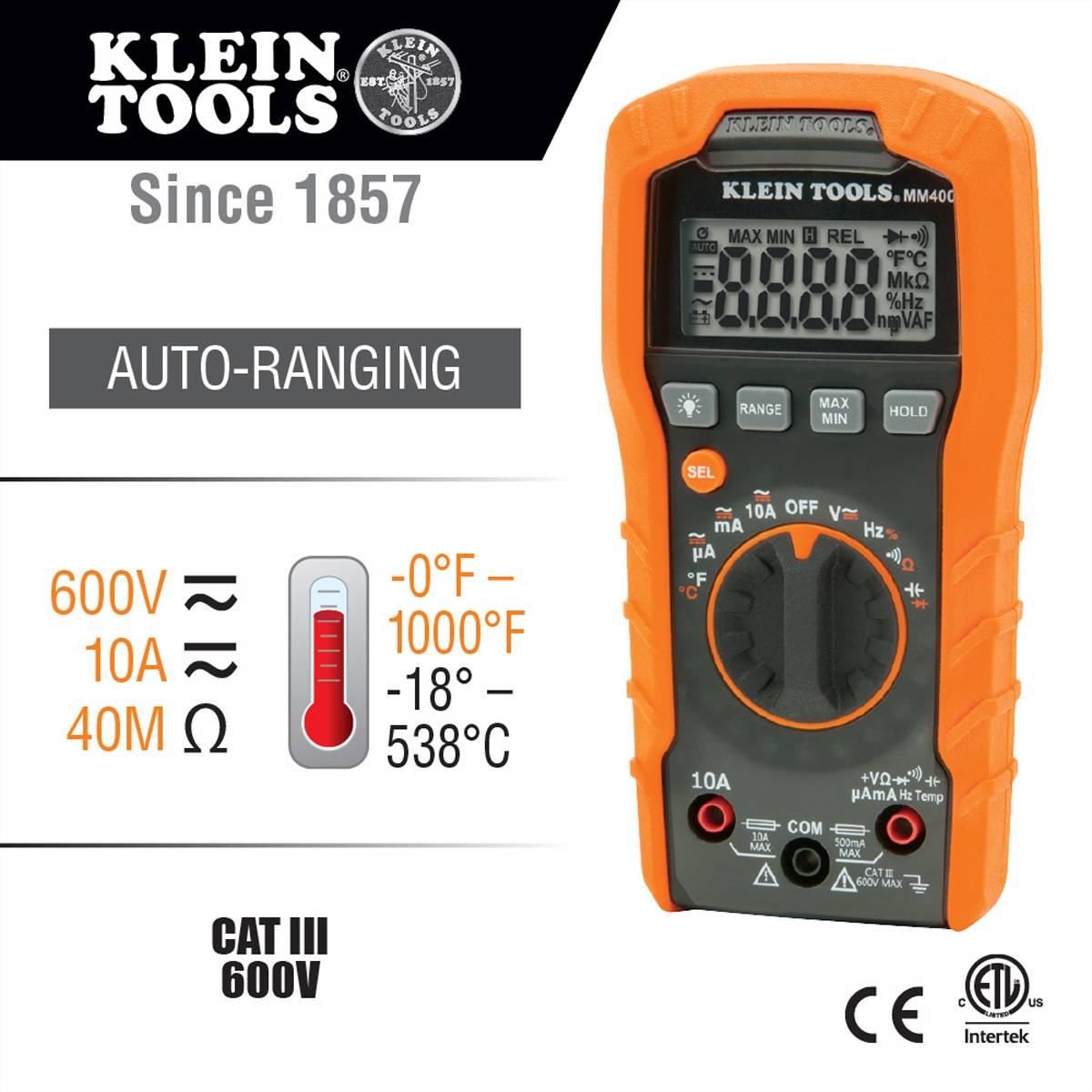 Klein Tools MM400 Handheld multimeter Digital CAT III 600 V Display (counts): 4000-1