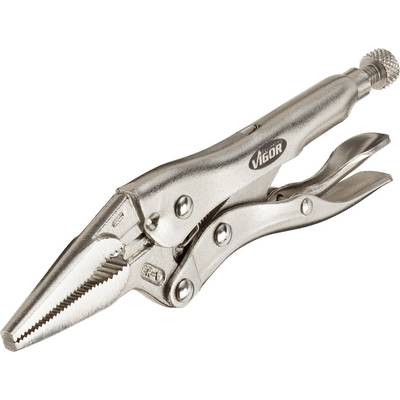 Metal locking pliers with a ribbed grip, pointed gripping jaws and screw adjustment, suitable for precise gripping of objects.