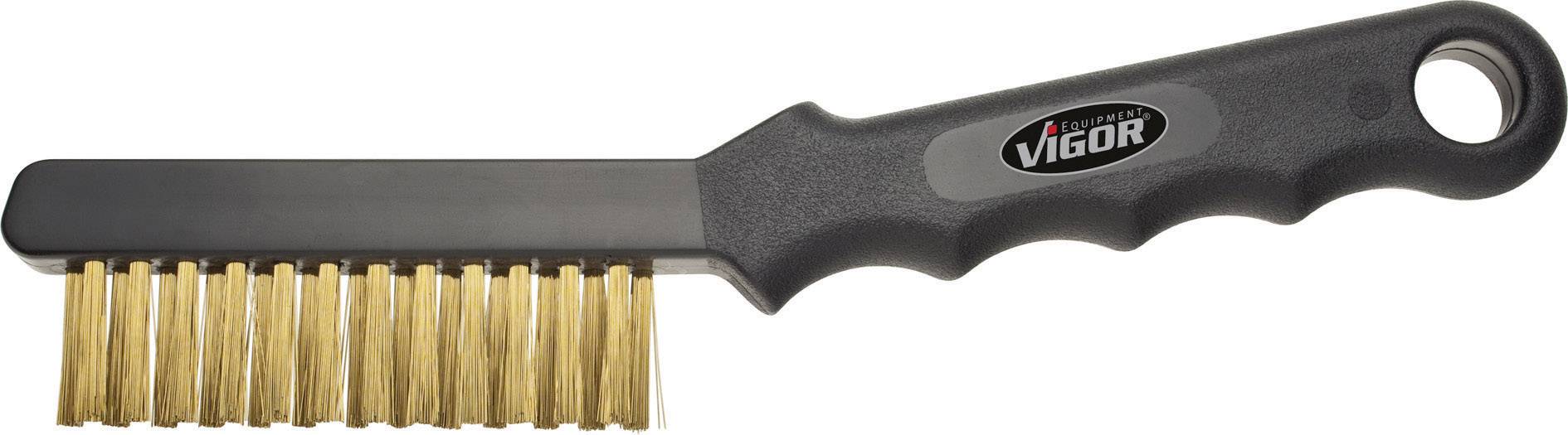 A wire brush with a black plastic handle and brass bristles, suitable for cleaning metal surfaces.