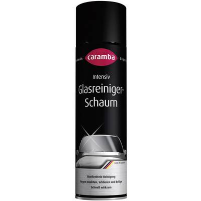 'Caramba glass cleaner foam can promises streak-free cleaning against insects and smears, quickly effective.'